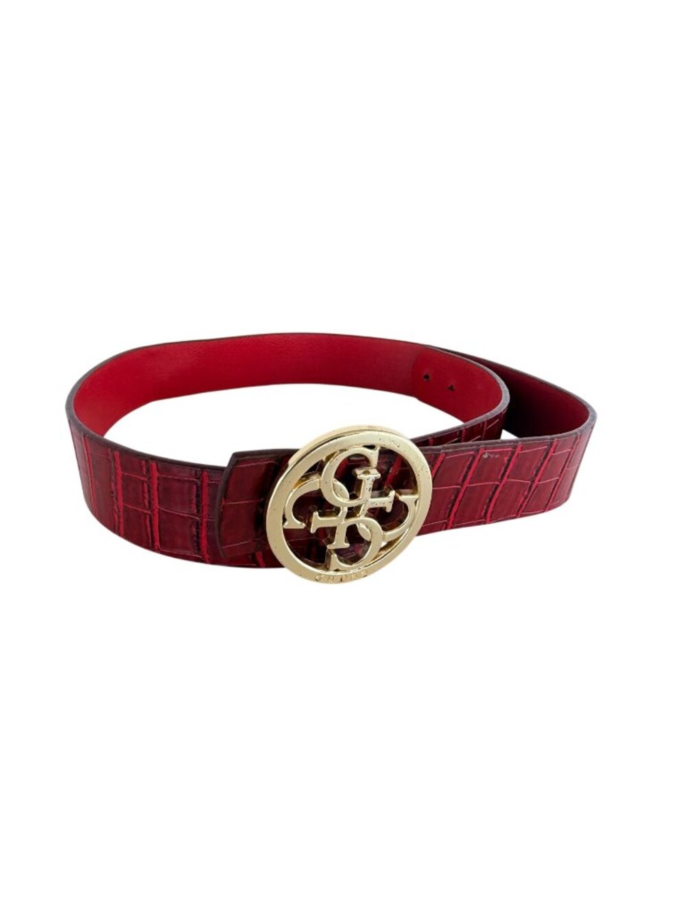 Guess Womens Red Embossed Leather Belt With Gold Logo Buckle